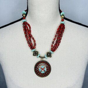 Faux Turquoise & Coral Tribal Tibetan Ethnic Pendant Necklace 19"